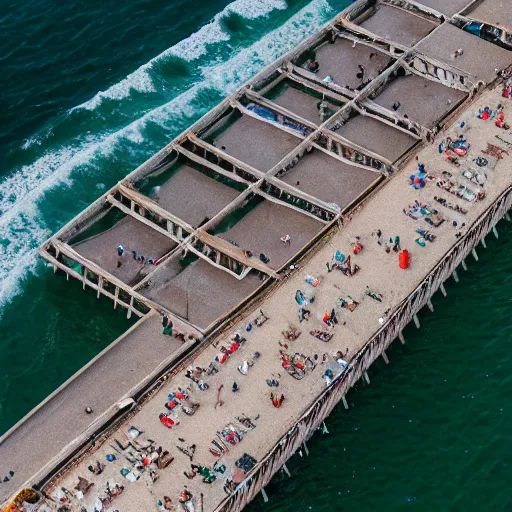 Prompt: a drone shot of the pier in Lido di Ostia, aerial view, photograph, photorealistic, detailed, sharp image, 8k SDR, award-winning, beautiful,