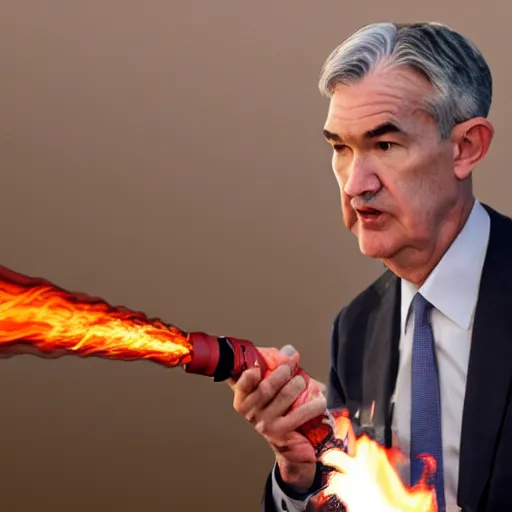 Image similar to photo of Jerome Powell using a flamethrower projecting a long flame