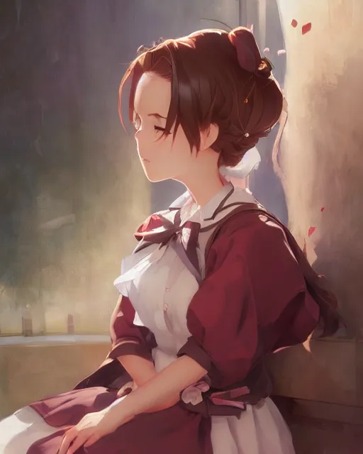 Prompt: young girl in maid uniform by Stanley Artgerm Lau, WLOP, Rossdraws, James Jean, Andrei Riabovitchev, Marc Simonetti, and kyoani, krenz cushart, pixiv