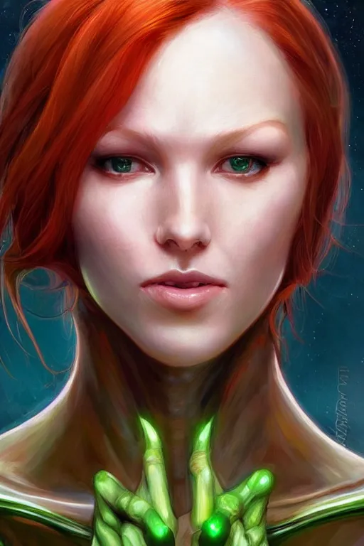 Image similar to Redhead alien human beautiful hybrid feminine woman with green eyes and a roundish nose as a futuristic heroine, digital painting, artstation, concept art, smooth, sharp focus, illustration, art by artgerm and donato giancola and Joseph Christian Leyendecker, Ross Tran, WLOP