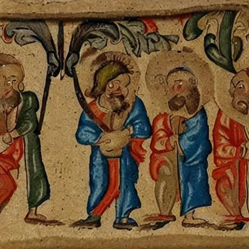 Image similar to a bunch of lads having some beers medieval scroll painting