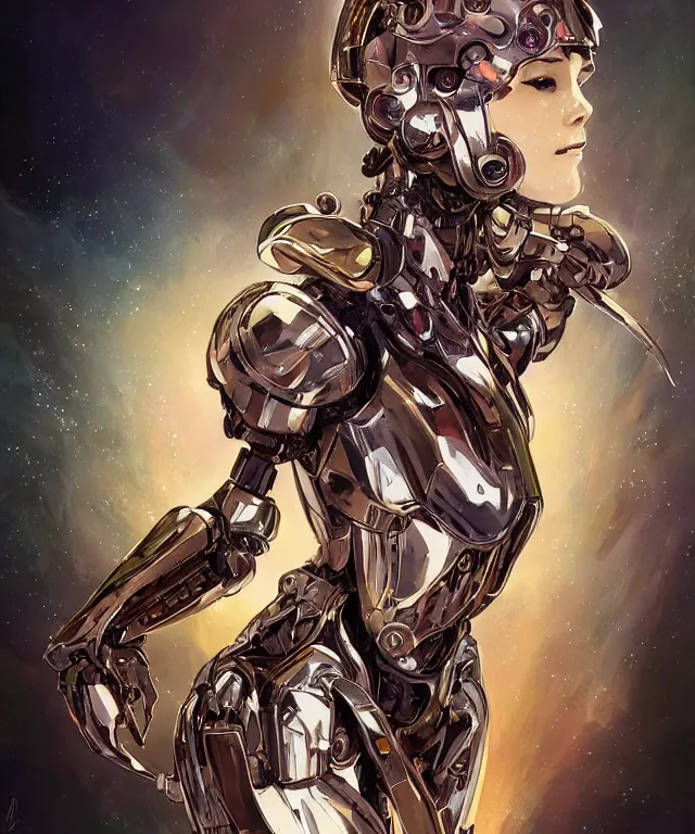 Image similar to fantasy magic portrait of a humanoid mecha cyberpunk! goddess art by artgerm and greg rutkowski and alphonse mucha, rule of thirds, golden ratio, Art Nouveau cyberpunk! style, mechanical accents!, mecha plate armor,long hair, fantasy, intricate, elegant, highly detailed, digital painting, artstation, concept art, smooth, sharp focus, flowing wires with leaves, rich deep moody colors