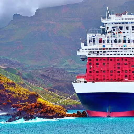 Prompt: Small foggy island „La Gomera“, Canaria Islands, Big transatlantic ship going to the island’s port, lots of raining clouds around the island, very pleasing professionally taken photo, vibrant colours