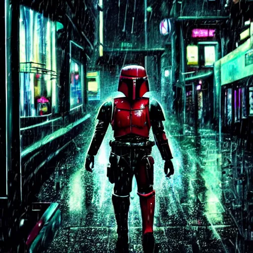 Prompt: cyberpunk style boba fett walking down a rainy alleyway in a futuristic city with a group of bounty hunters