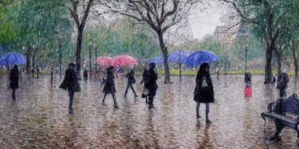 Image similar to parisian woman in the jardin du luxembourg, paris, raining, impressionist art style, 4K