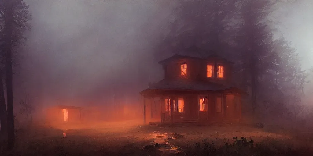 Image similar to an old house with red light on from the windows during the night in a forest, a men stand up in front of the house, mystical fog, oil on canvas, details, a desert road next to the house, illustration, art by andreas achenbach and alena aenami