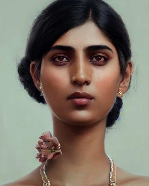 Image similar to highly realistic, beautiful digital art, true to life portrait of a young indian woman, sharp focus, by ilya kuvshinov, by wlop, by tom bagshaw, trending on artstation, cinematic lighting, hyper realism, octane render, 8 k, hyper detailed.