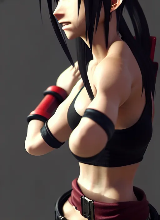 Prompt: 3 / 4 view of a portrait of tifa from final fantasy vii remake, evangelion, au naturel, hyper detailed, digital art, trending in artstation, cinematic lighting, studio quality, smooth render, frostbite 3 engine rendered, art style by klimt and nixeu and ian sprigger and wlop and krenz cushart