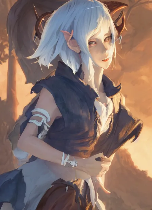 Image similar to concept art painting of a woman with brown skin and short white hair, demon horns, elf ears, full clothing, blue clothes, robes, detailed, cel shaded, in the style of ruan jia and artgerm and makoto shinkai and james gurney