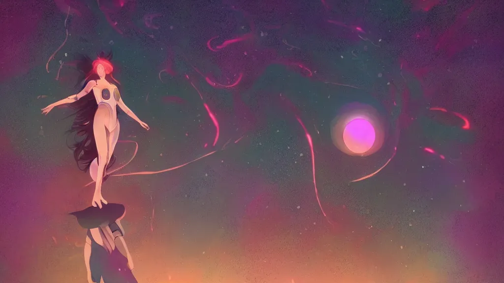 Image similar to one beautiful whimsical goddess standing in a lake basking in the moonlight, underneath a multi-colored binary blackhole with an accretion disc, glowing trails following her arms, steampunk, by Lois van Baarle, by Greg Rutkowski, by artgerm, by beeple, by studio ghibli, cinematic angle, volumetric lighting, 4k resolution, octane render, trending on artstation, masterpiece