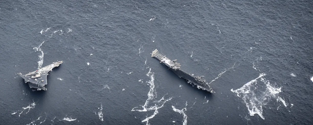 Image similar to low angle cinematic aerial shot of abandoned aircraft carrier attacked by godzilla in the middle of black sand beach in iceland