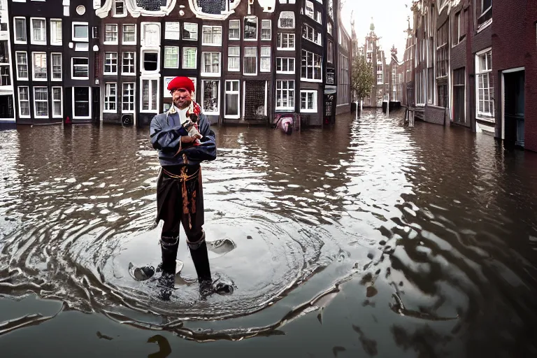 Image similar to closeup potrait of a pirate on a ship in a flooded amsterdam street, photograph, natural light, sharp, detailed face, magazine, press, photo, Steve McCurry, David Lazar, Canon, Nikon, focus