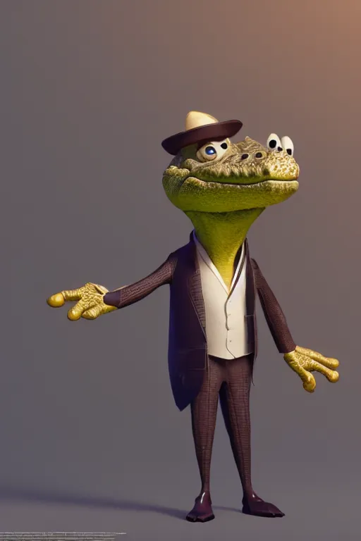 Image similar to a crocodile wearing a formal overcoat, Pixar style, 3D render, octane render, unreal engine 5, path tracing, cute, Disney style, 4K, natural lighting, high quality, highly detailed, low poly,