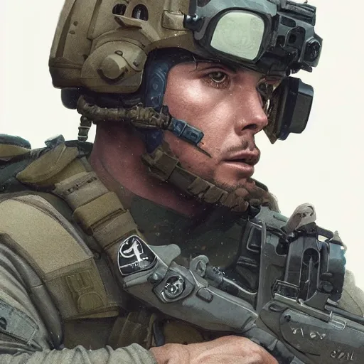 Image similar to a navy seal wearing military tactical gear designed by nike, large nike logo, by greg rutkowski, loish, rhads, ferdinand knab, makoto shinkai and lois van baarle, ilya kuvshinov, rossdraws, tom bagshaw, alphonse mucha, global illumination, radiant light, detailed and intricate environment