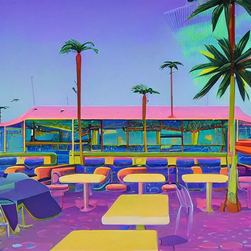 Image similar to psychedelic beachfront fast food restaurant with palm trees by simon stalenhag