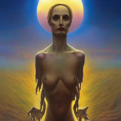 Image similar to evil magnificent gorgeous queen of the sun, showing her true form, full body by zdzisław beksiński and jeffrey smith, oil on canvas, 8k high quality and resolution, professionally detailed, trending on artstation