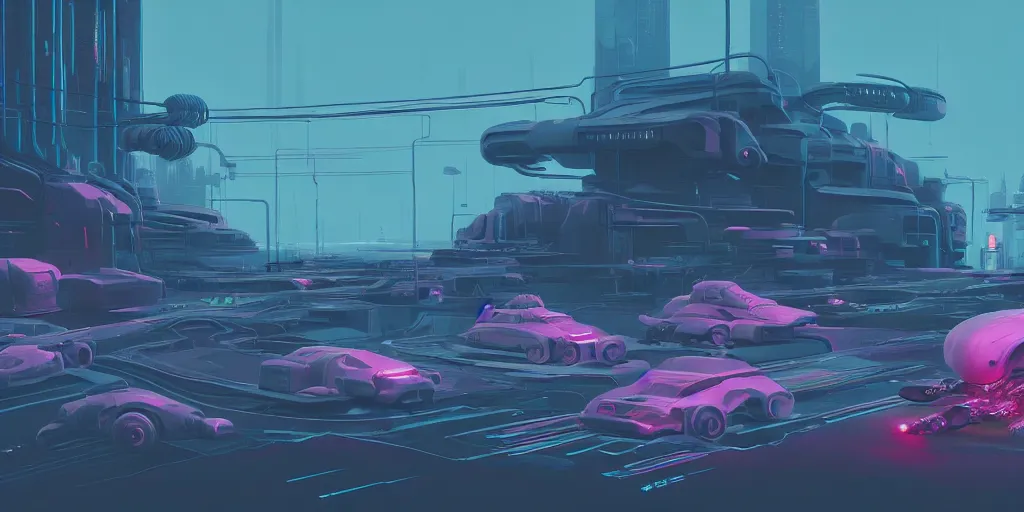 Image similar to hard surface shape form exploration, insanely detailed, artstation, 8 k, sci - fi, pastel colors, props, panel, concept, simon stalenhag, mechanical, cables, syd mead, cyberpunk, big medium small