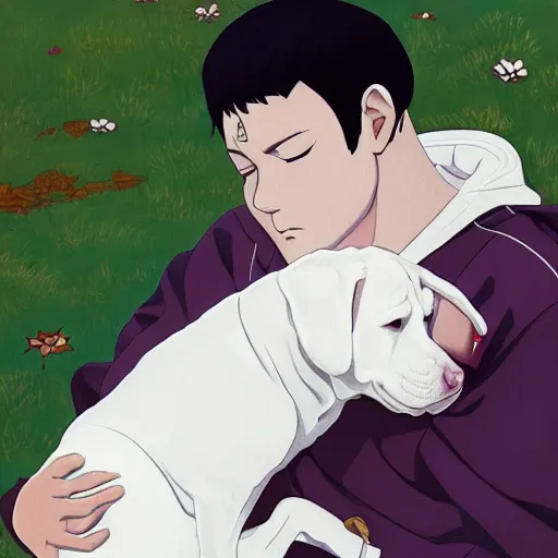 Image similar to painting of tired white pitbull puppy curled up on a japanese man's lap, highly detailed, cozy aesthetic, anime key visual, fukaya yuichiro