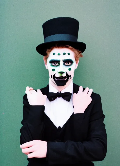 Image similar to a fashion portrait photograph of a man in a black suit wearing a black bowler hat with face painted as a green apple, 3 5 mm, color film camera,