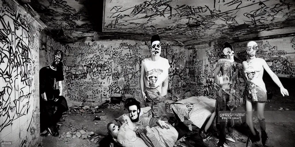 Prompt: polymer coneheads French band photoshoot inside abandoned dollhouse, 1980s surrealism aesthetic, detailed facial expressions, graffiti on the walls and ceiling