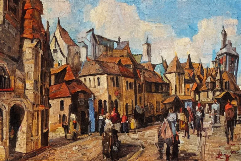 Image similar to middle ages town, oil painting, oil in canvas, brushstrokes