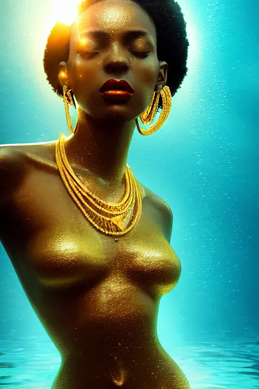 Prompt: hyperrealistic cinematic half underwater scene very expressive! translucent elegant african goddess full body, gold jewerly, highly detailed face, digital art masterpiece, aykut aydogdu eric zener, dramatic volumetric light, long shot, low angle uhd 8 k, sharp focus