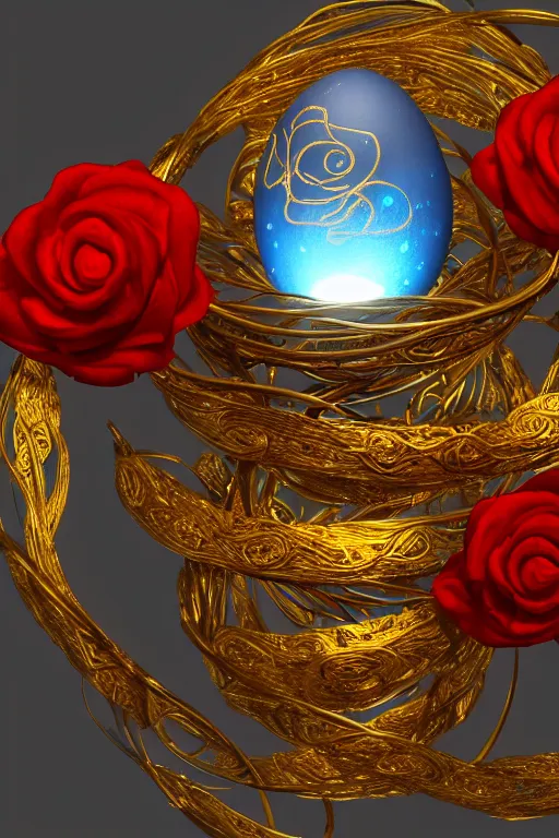 Prompt: a detailed glowing egg with swirls of red and blue emerging from the blossom of a metallic gold flower with tendrils of gold wrapping around the egg, an egg sitting inside a rose made out of silver and gold, fantasy concept art, unreal engine 5, volumetric lighting, trending on artstation