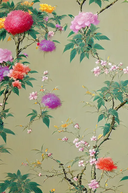Prompt: Maximalism Chinoiserie floral wallpaper by Craig Mullins, pixar