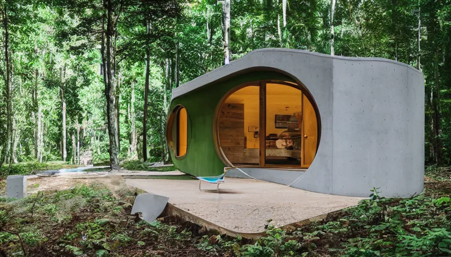 Image similar to A wide image of a full innovative contemporary 3D printed prefab sea ranch style cabin with rounded corners and angles, beveled edges, made of cement and concrete, organic architecture, in a lush green forest Designed by Gucci, Balenciaga, and Wes Anderson, golden hour