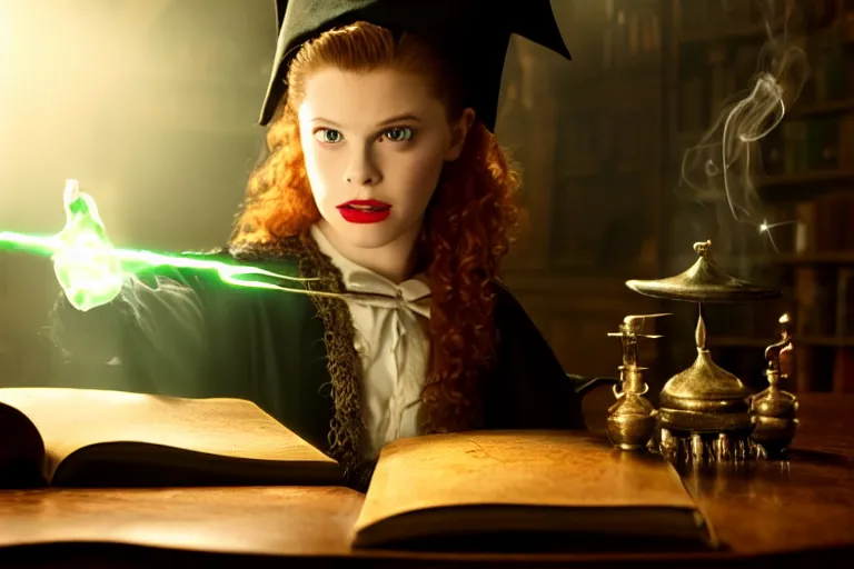 Prompt: close up portrait, dramatic lighting, teen witch calmly pointing a magic wand casting a spell over a large open book on a table with, short hair, cat on the table in front of her, sage smoke, a witch hat cloak, apothecary shelves in the background, still from harry potter and peter pan