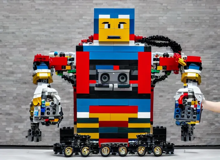 Image similar to a high-definition photograph of a huge robot built of Lego bricks and Lego motors