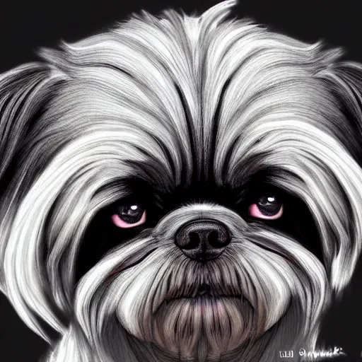 Image similar to highly detailed realistic digital art of a black shih tzu, 8k