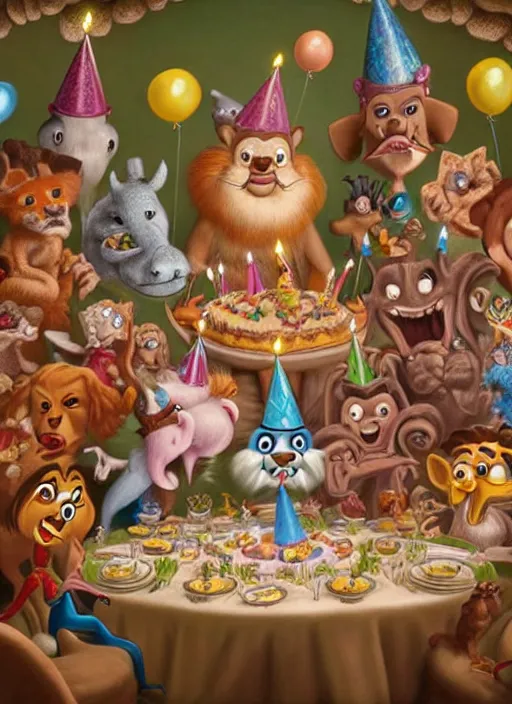 Prompt: highly detailed group closeup portrait of max fleischer cartoon animals having a birthday party banquet in a castle, unreal engine, max fleischer, nicoletta ceccoli, mark ryden, earl norem, lostfish, global illumination, god rays, detailed and intricate environment