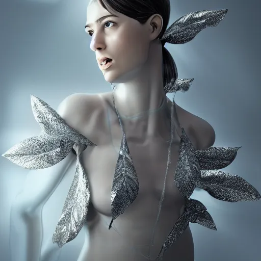 Prompt: a highly detailed digital image of a futuristic woman elegantly wrapped with silver leaves, by Andrea Chiampo, artstation and Frederik Heyman, extremely detailed woman, stunning volumetric lighting, hyper realism, fantasy 4k