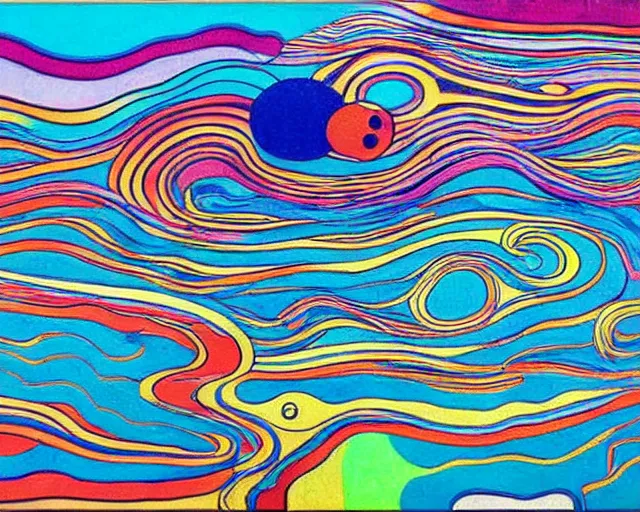 Image similar to Ocean waves in a psychedelic dream world. DMT. Curving rivers. Craggy mountains. Modernist landscape painting. Edvard Munch. David Hockney. Takashi Murakami. Minimalist.