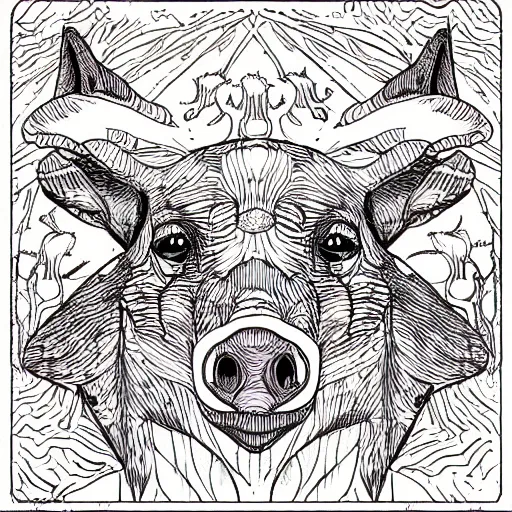 Image similar to illustration of symmetrical wild boar with mushrooms on face, in the style of moebius and studio ghibli and vincent van gogh