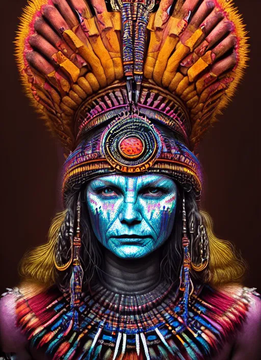 Image similar to portrait of kirsten dunst, hyper detailed ultra sharp aztec shaman warrior. trending on artstation, warpaint aesthetic, bloodwave, colorful, psychedelic, ornate, intricate, digital painting, concept art, smooth, sharp focus, illustration, art by artgerm and greg rutkowski and h. r. giger, 8 k