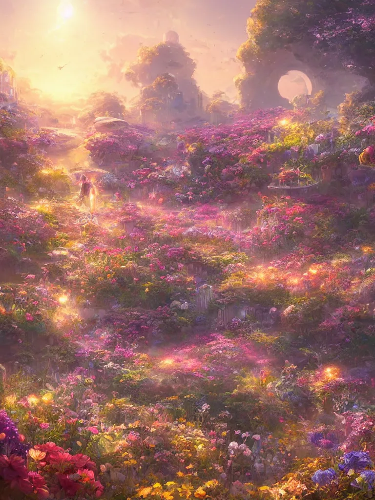 Prompt: a dream flower garden near a seaside spaceport environment where one draws mystical energy into their lives, background art, pristine concept art, small, medium and large design elements, golden hour, in the style of WLOP and Ross Tran