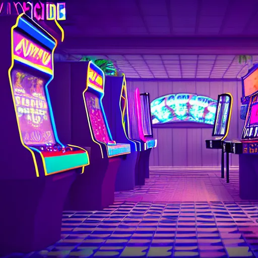 Image similar to inside an arcade, vaporwave 9 0 s dreamy empty, highly detailed, 3 d render, vray, octane, realistic lighting, photorealistic