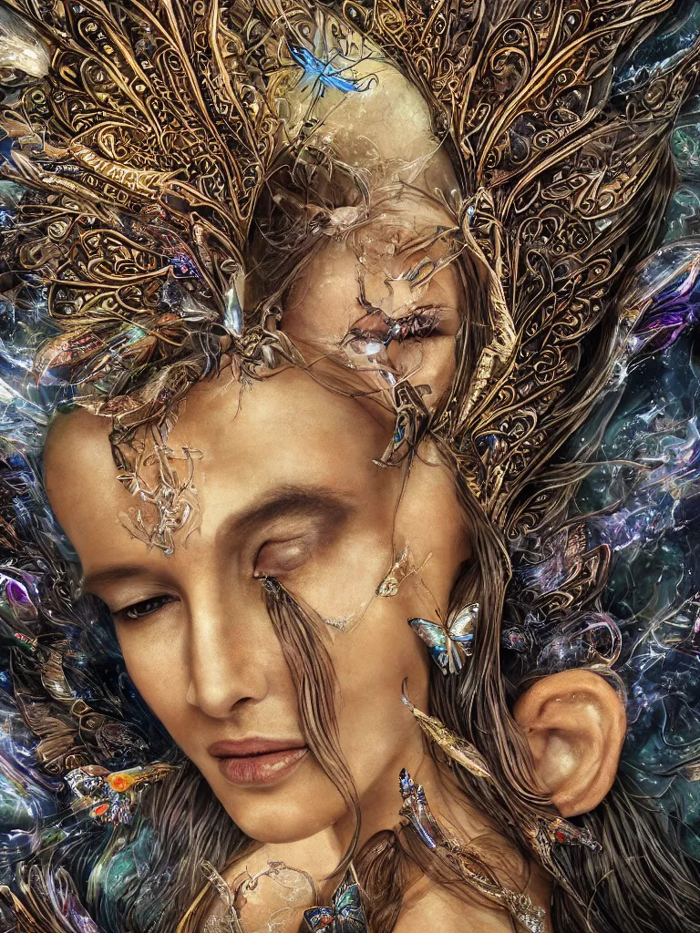 Prompt: epic ethnic close-up macro portrait of the face of the queen of elves with butterfly wings, epic angle and pose, symmetrical artwork, 3d with depth of field, blurred background, cybernetic orchid flower butterfly jellyfish crystal, obsidian, a single female face skull phoenix bird, translucent, nautilus, energy flows of water and fire. a highly detailed epic cinematic concept art CG render. made in Maya, Blender and Photoshop, octane render, excellent composition, cinematic dystopian brutalist atmosphere, dynamic dramatic cinematic lighting, aesthetic, very inspirational, arthouse. y Greg Rutkowski, Ilya Kuvshinov, WLOP, Stanley Artgerm Lau, Ruan Jia and Fenghua Zhong