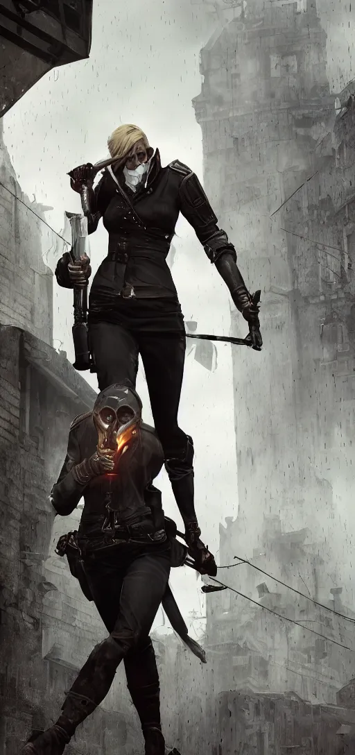 Image similar to annie leonhart in dunwall city wearing corvo attano mask and reckon corps uniform running on a roof, redshift render, cinematic lighting, rainy weather, melancholy atmosphere, dunwall city, volumetric light, octane render, dishonored game, dishonored 1, gothic architecture, realistic reflections, octane render 8 k