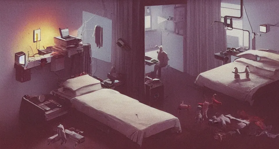 Prompt: IKEA catalogue photo, cyberpunk teenager bedroom, drones and robots, by Beksiński