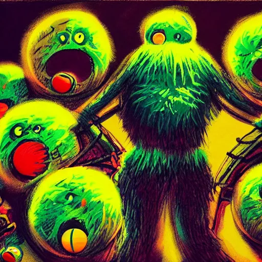 Image similar to a tennis ball monster ,tennis ball, dark, chalky, digital art, fantasy, magic, trending on artstation, ultra detailed, professional illustration by Basil Gogos