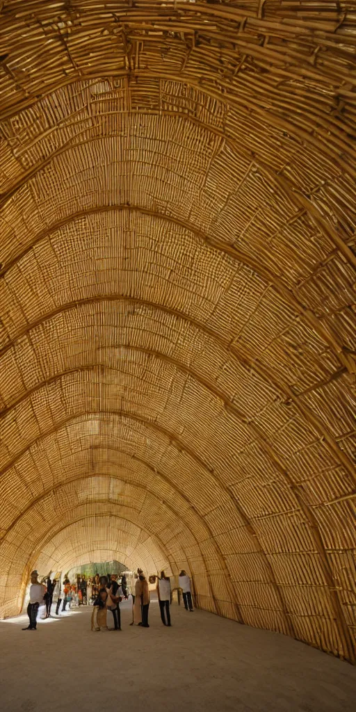 Prompt: inside small pavilion made of bamboo. complex curved vaulting structure. a large crowd at a party. post - modern, 4 k, 8 k. volumetric lighting.