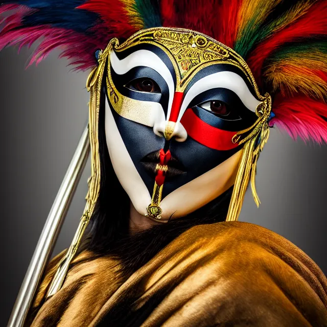 Image similar to photo of a beautiful!! harlequin warrior with venetian mask highly detailed 8 k hdr smooth sharp focus high resolution award - winning photo photorealistic