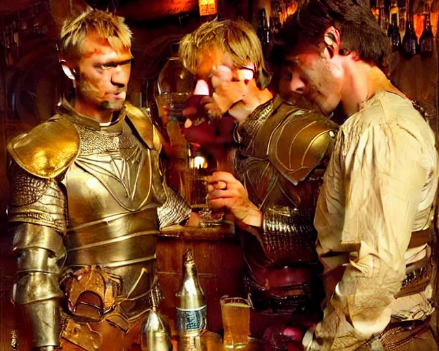 Image similar to attractive arthur pendragon and attractive lancelot go to a pub together to have some drinks. highly detailed painting by gaston bussiere, craig mullins, j. c. leyendecker 8 k