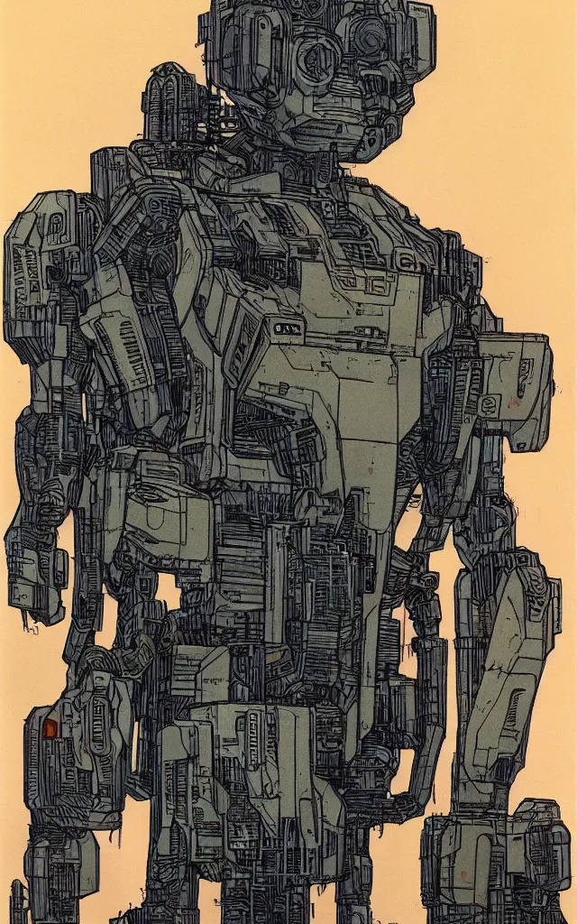 Prompt: mech suit. portrait by stonehouse and jean giraud and will eisner. realistic proportions. dystopian. cyberpunk, blade runner, concept art, cel shading