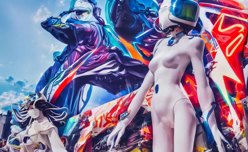 Image similar to billboard advertisement with an extremely beautiful photo of a white marble statue of an anime girl with colorful motocross logos and motorcycle helmet with closed visor, colorful smoke in the background, carved marble statue, fine art, neon genesis evangelion, virgil abloh, offwhite, denoise, highly detailed, 8 k, hyperreal