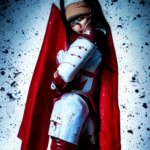 Prompt: a young female space cadet wearing blood-spattered glossy sleek white dinged scuffed armor and a long torn red cape, jungle at night, heroic posture, determined expression, elegant, battle weary, no helmet, rain, dramatic lighting, cinematic, sci-fi, hyperrealistic, detailed