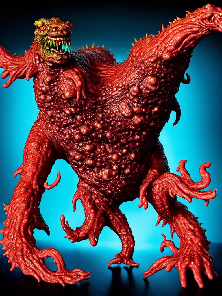 Image similar to hyperrealistic rendering, shiny wet fat cronenberg flesh monster smooth kaiju by art of skinner and richard corben and jeff easley, product photography, action figure, sofubi, studio lighting, colored gels, rimlight, backlight